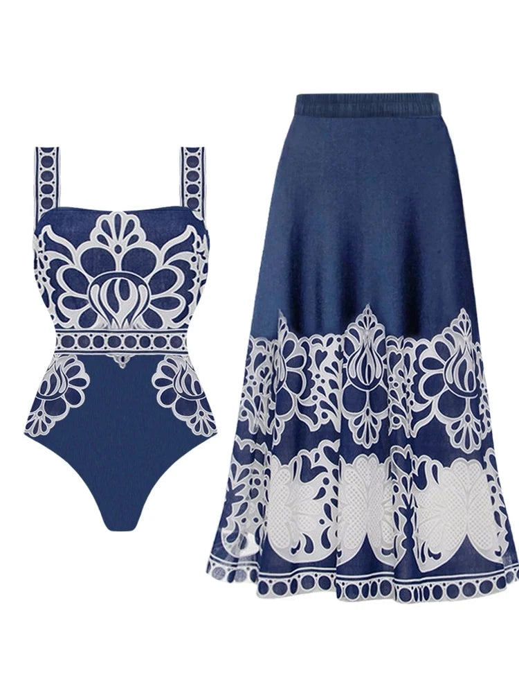 Ethnic Print Swimsuit Set