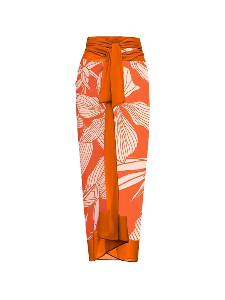 Tie Strap Print One Piece Swimsuit Set