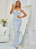 Tie Shoulder Fishtail Hem Floral Print Prom Dress