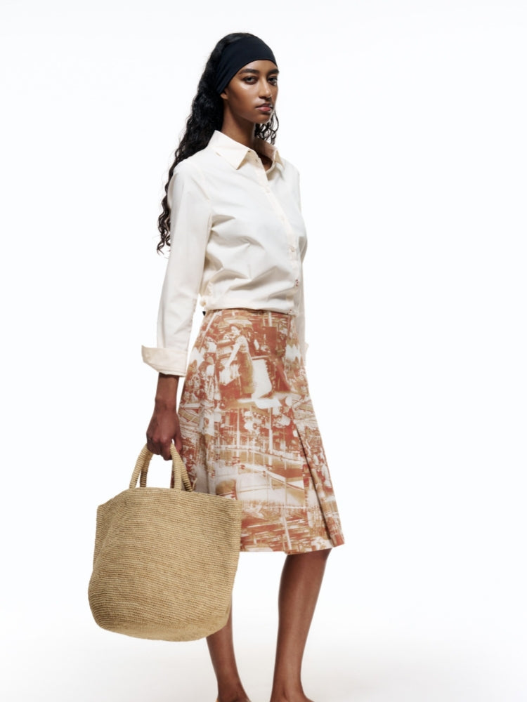 Terracotta Industrial Print Pleated Midi Skirt