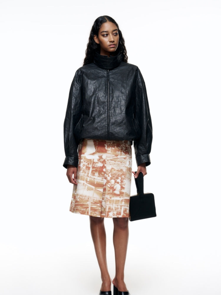 Terracotta Industrial Print Pleated Midi Skirt