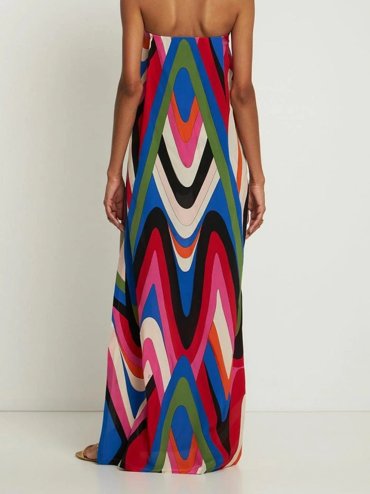 Strapless Side Slit Moiré Print Maxi Dress