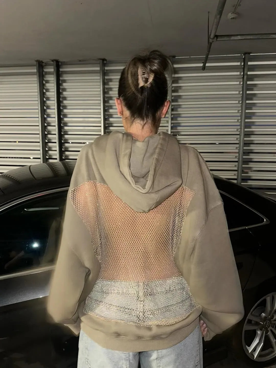 Backless Sheer Mesh Hoodie
