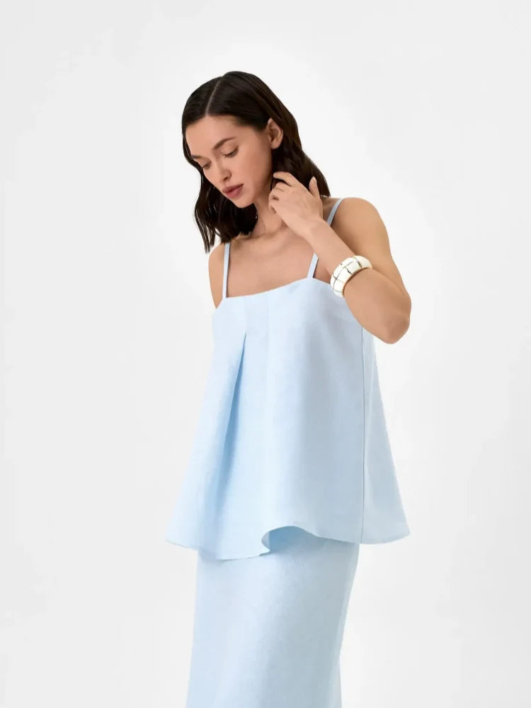 Linen A-Line Skirt Set with Off-Shoulder Cami Top