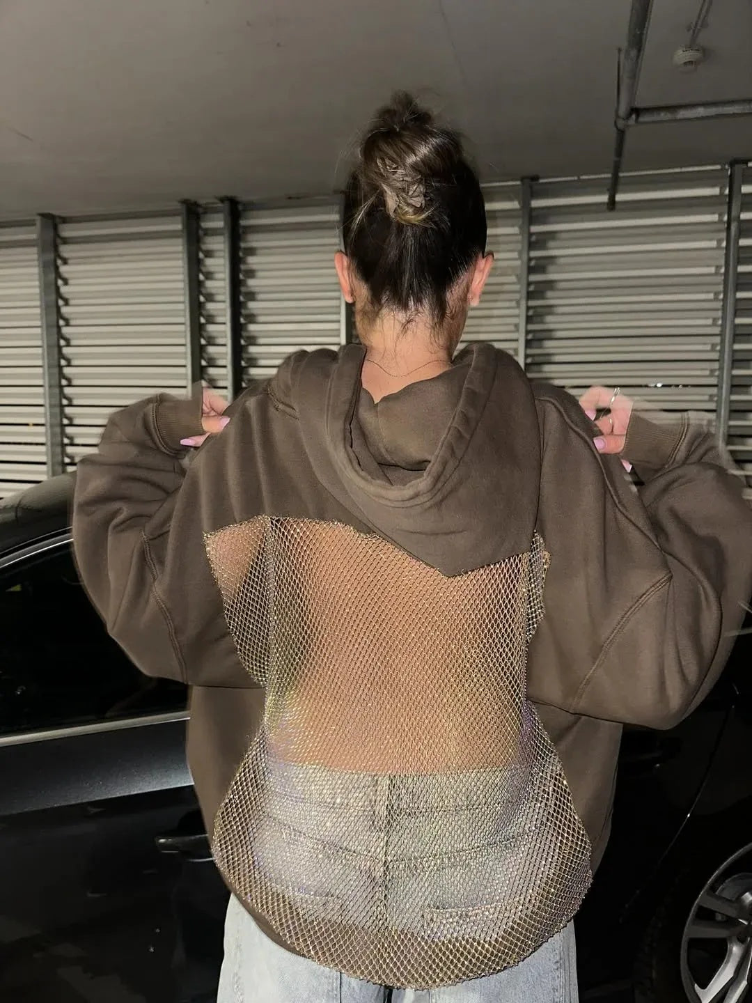 Backless Sheer Mesh Hoodie
