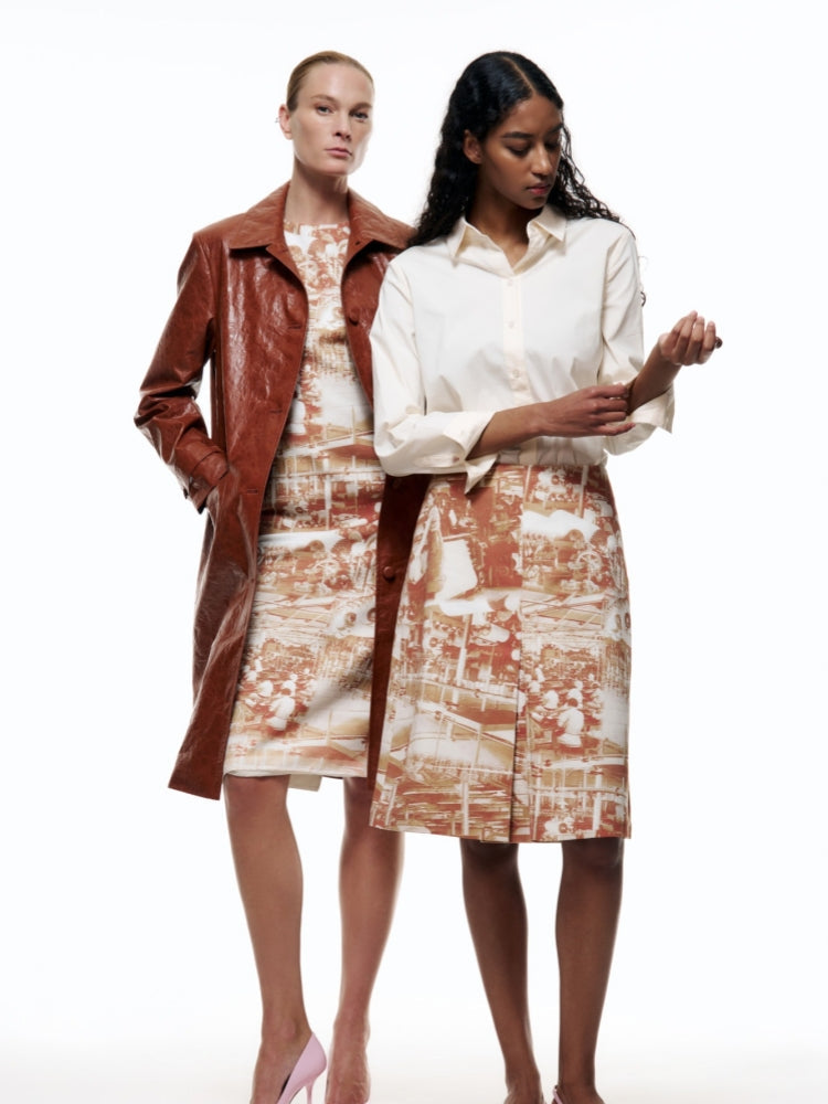 Terracotta Industrial Print Pleated Midi Skirt