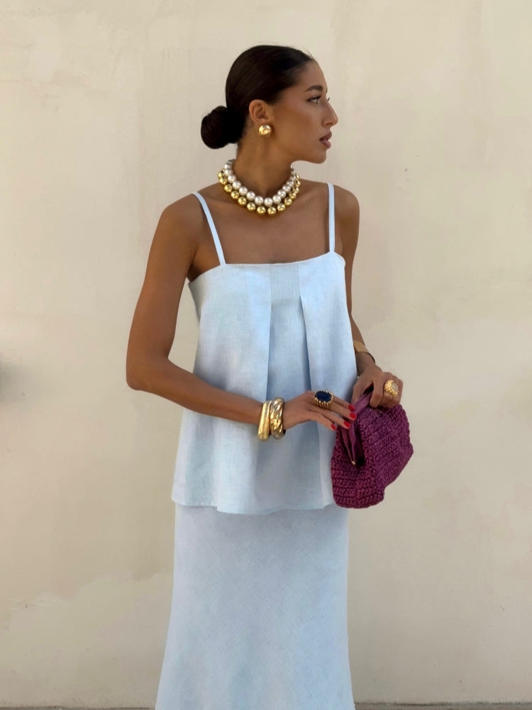 Linen A-Line Skirt Set with Off-Shoulder Cami Top
