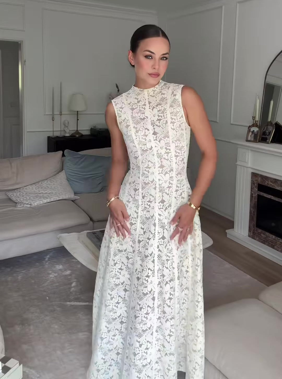Sleeveless High-Neck Lace Dress