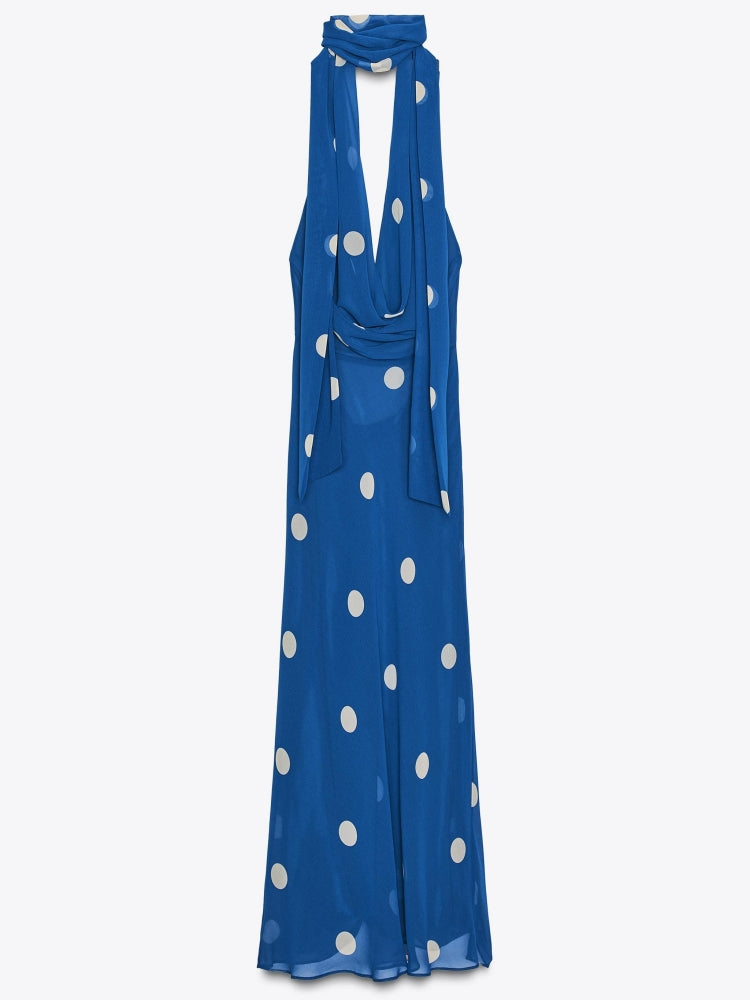 Polka Dot Draped Halter Midi Dress