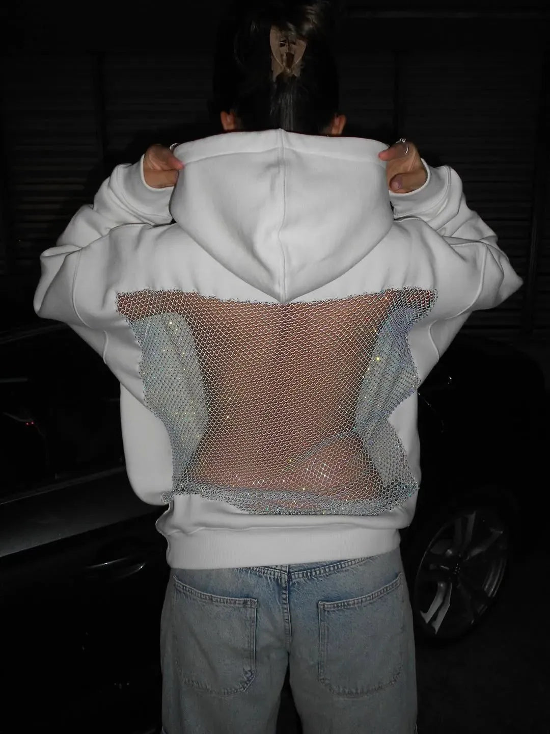 Backless Sheer Mesh Hoodie