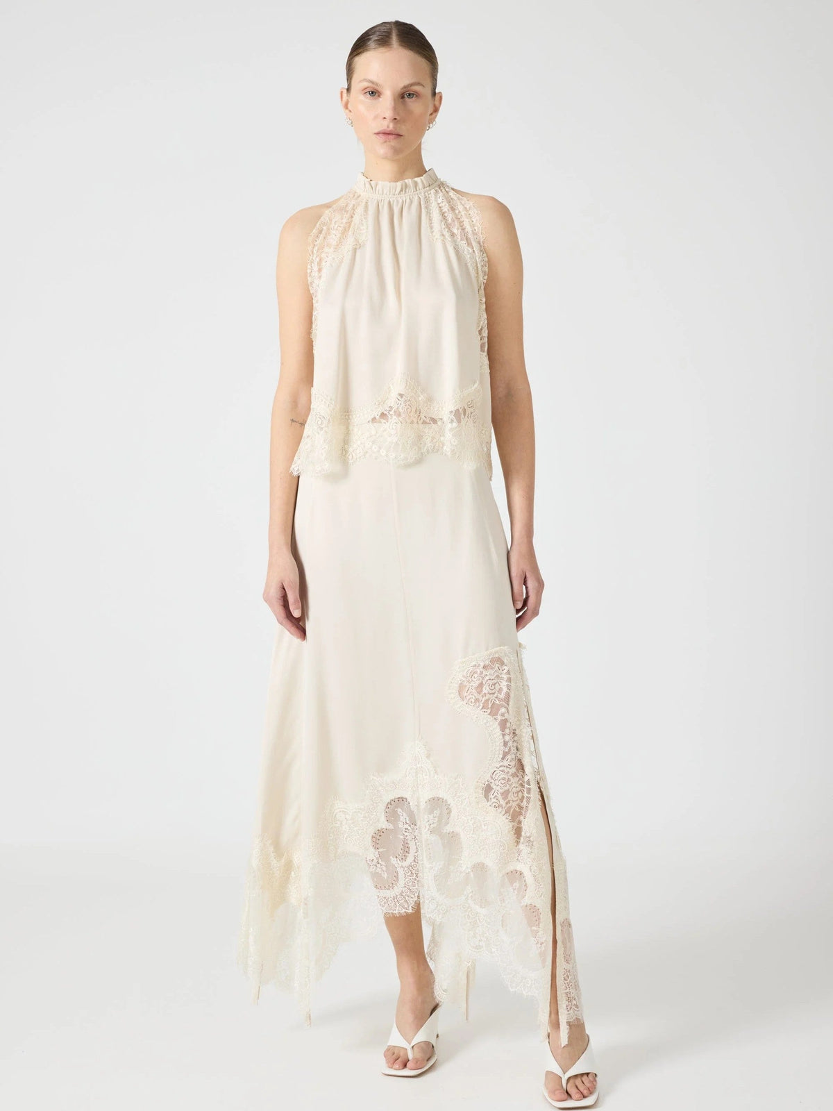 Lace Trimmed Satin Halter Maxi Skirt Set