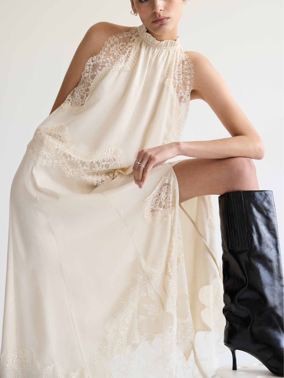 Lace Trimmed Satin Halter Maxi Skirt Set