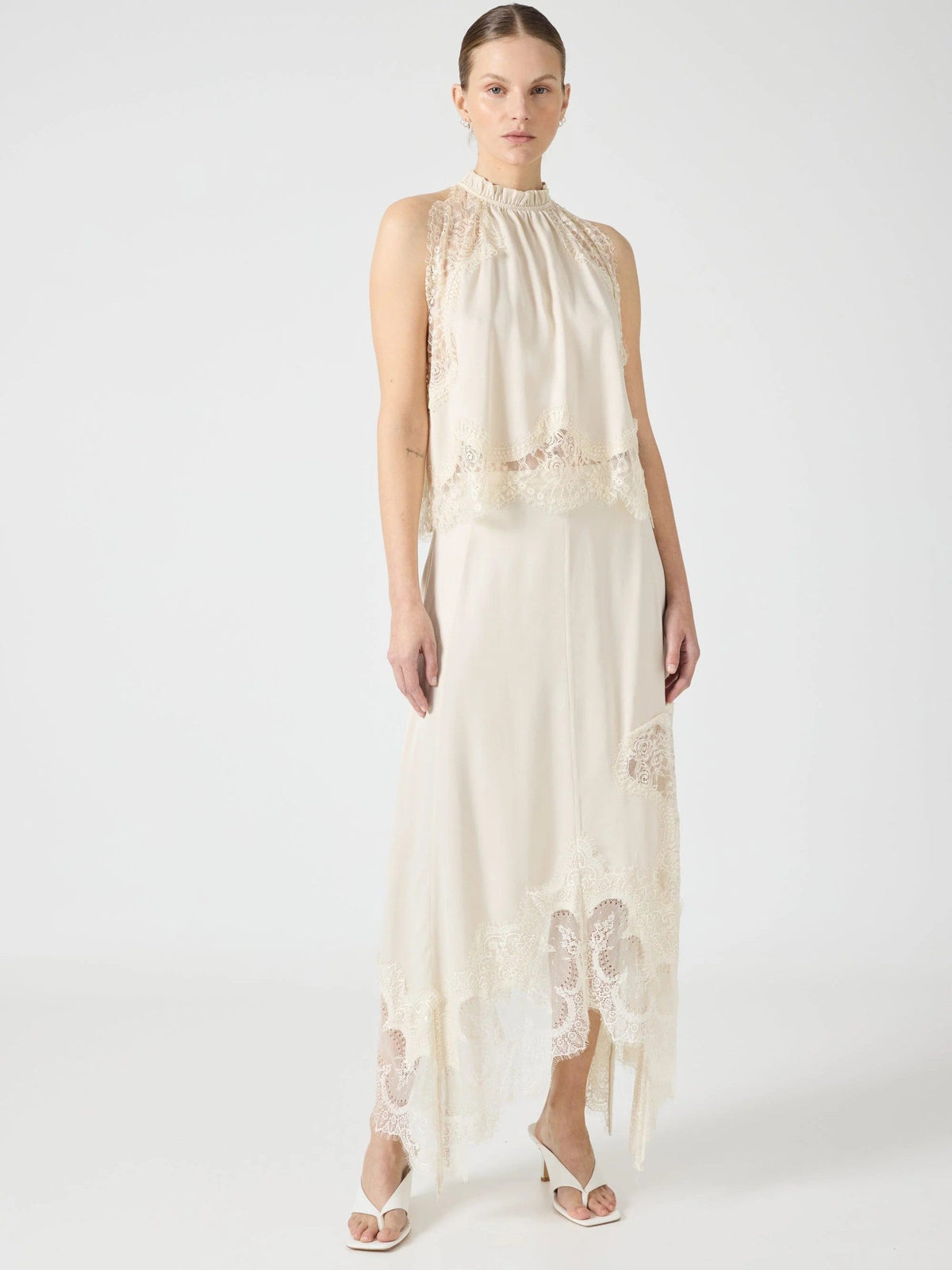 Lace Trimmed Satin Halter Maxi Skirt Set