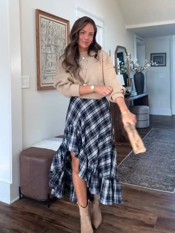 Crop Knit Sweater & Plaid Skirt Set