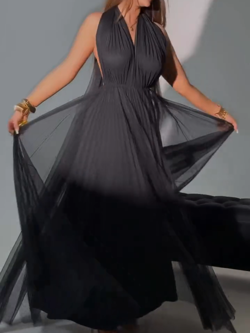Backless Halter Pleated Maxi Dress